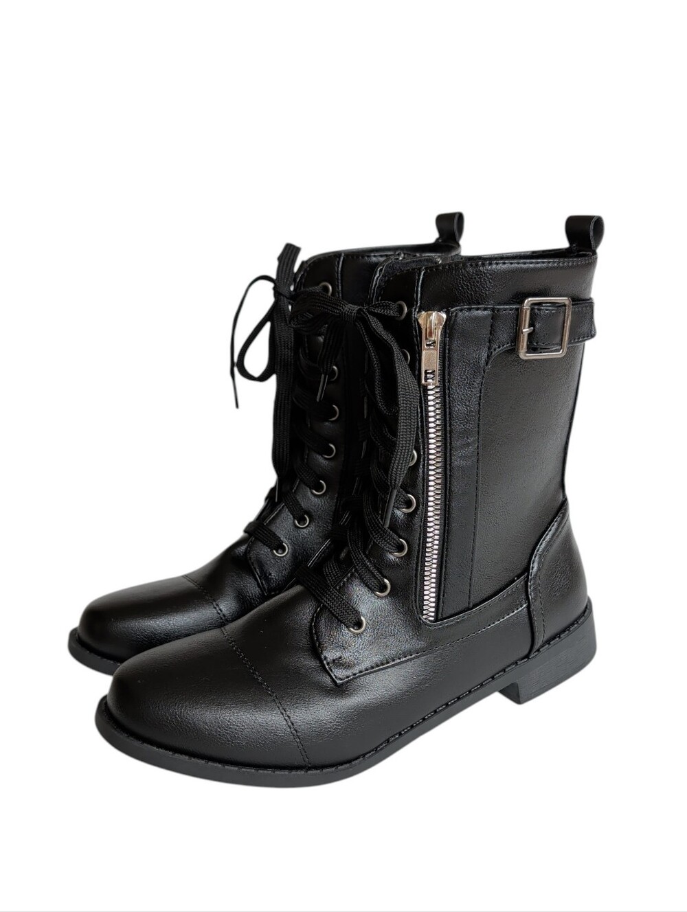 NWOT Faux Leather Lace Up Mid Calf Combat Boots with Side Zipper EU 41 Black